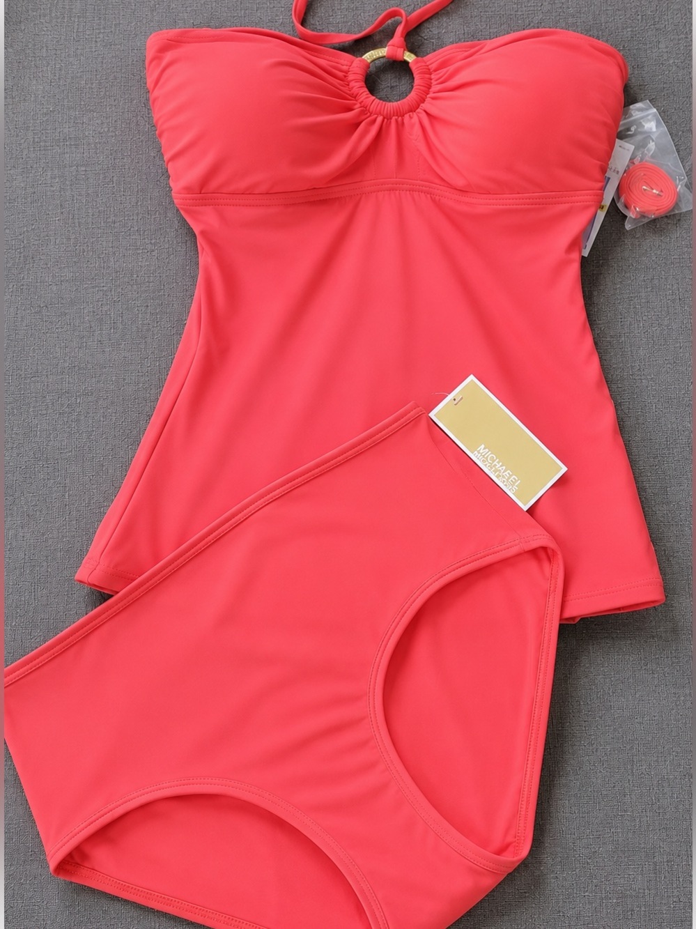 Michael Kors Coral Strapless Tankini with High-Waist Bottoms